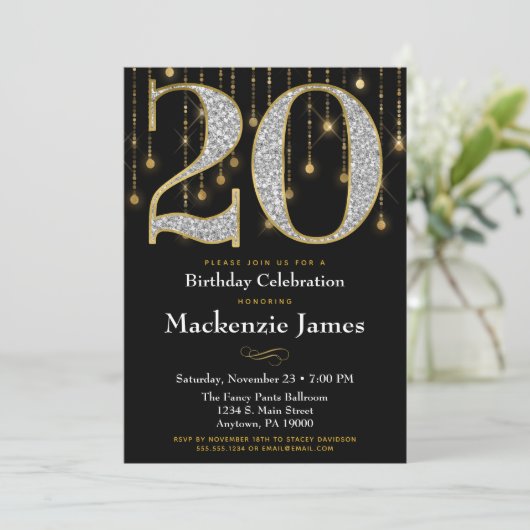 20e verjaardag Uitnodiging Black Gold Diamonds Adu (Staand voorkant)
