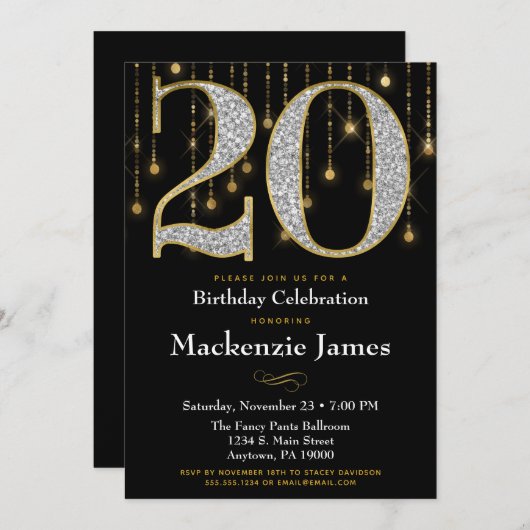 20e verjaardag Uitnodiging Black Gold Diamonds Adu (Voorkant / Achterkant)