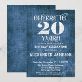 20e verjaardag Uitnodiging Blauwe linen Rustic Che (Voorkant / Achterkant)