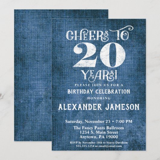 20e verjaardag Uitnodiging Blauwe linen Rustic Che (Voorkant / Achterkant)