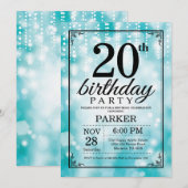 20e verjaardag Uitnodiging Blauwgroen Glitter (Voorkant / Achterkant)