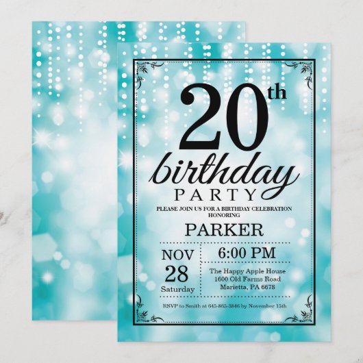 20e verjaardag Uitnodiging Blauwgroen Glitter (Voorkant / Achterkant)