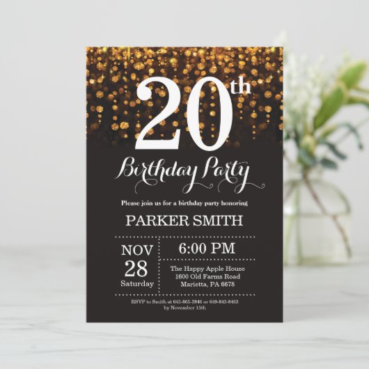 20e verjaardag uitnodiging Gold Glitter (Staand voorkant)