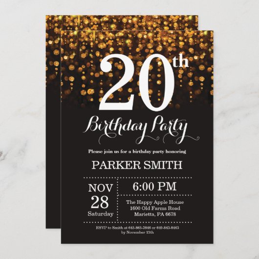 20e verjaardag uitnodiging Gold Glitter (Voorkant / Achterkant)