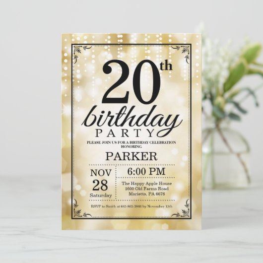 20e verjaardag uitnodiging Gold Glitter (Staand voorkant)