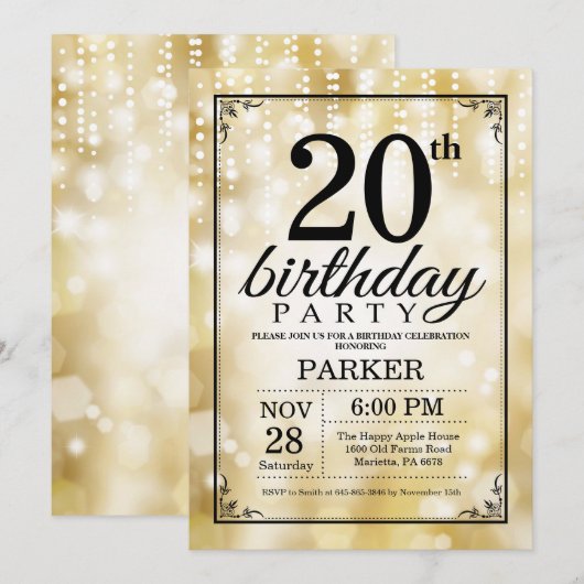 20e verjaardag uitnodiging Gold Glitter (Voorkant / Achterkant)