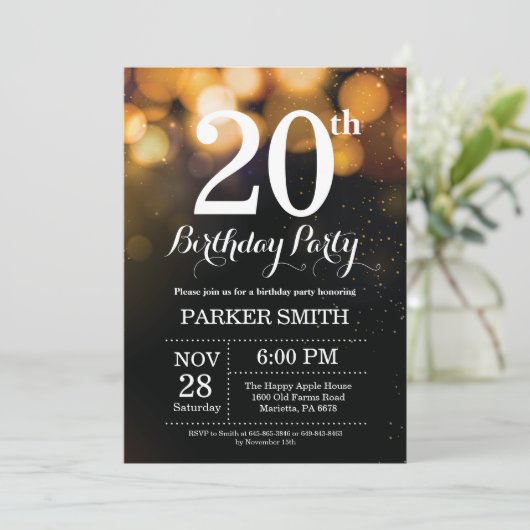 20e verjaardag uitnodiging Gold Glitter (Staand voorkant)