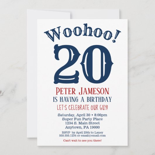 20e verjaardag Uitnodiging Mannen marineblauw (Voorkant)