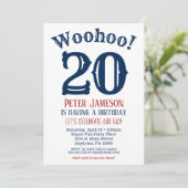 20e verjaardag Uitnodiging Mannen marineblauw (Staand voorkant)