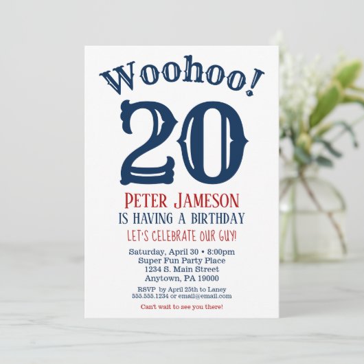 20e verjaardag Uitnodiging Mannen marineblauw (Staand voorkant)