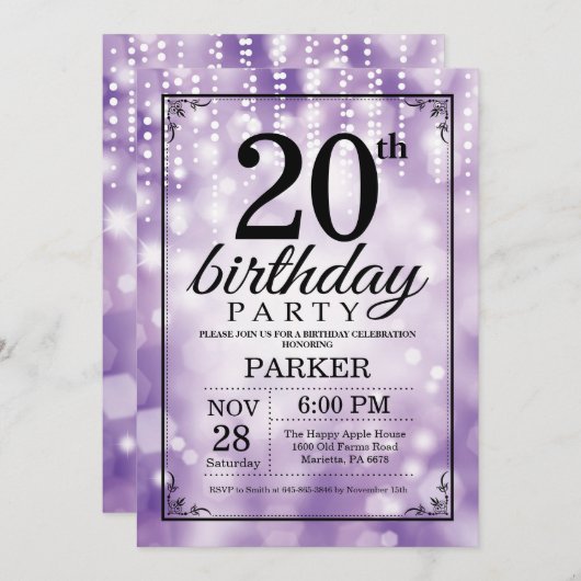 20e verjaardag uitnodiging Paarse glitter (Voorkant / Achterkant)