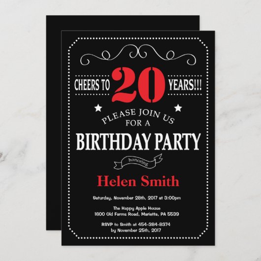 20e verjaardag uitnodiging rood en zwart schoolbor (Voorkant / Achterkant)