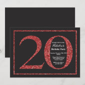 20e verjaardag Uitnodiging rood glitter Chalkboard (Voorkant / Achterkant)