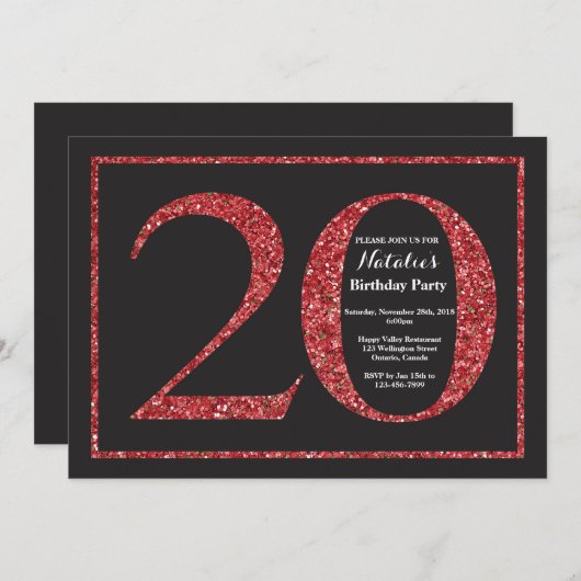 20e verjaardag Uitnodiging rood glitter Chalkboard (Voorkant / Achterkant)