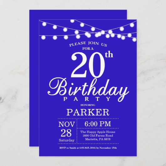 20e verjaardag Uitnodiging Royal Blue (Voorkant / Achterkant)