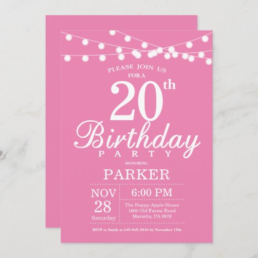 20e verjaardag uitnodiging roze (Voorkant / Achterkant)