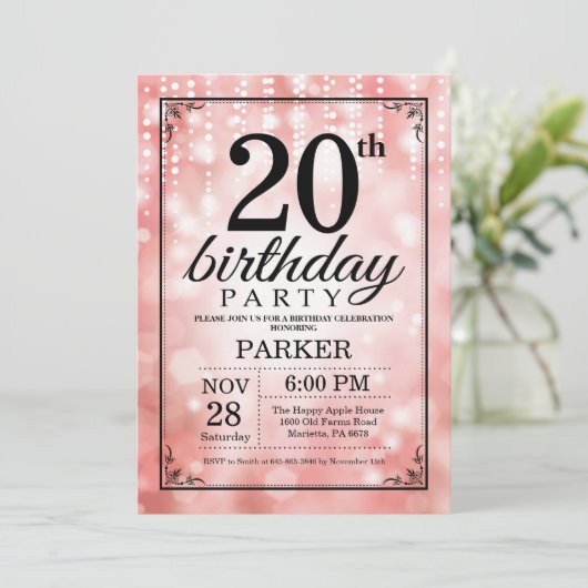 20e verjaardag uitnodiging roze glitter (Staand voorkant)