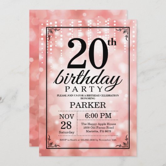 20e verjaardag uitnodiging roze glitter (Voorkant / Achterkant)