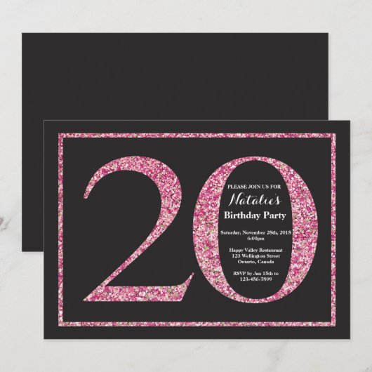 20e verjaardag uitnodiging roze glitter krijtbord (Voorkant / Achterkant)