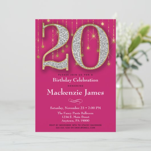20e verjaardag Uitnodiging Roze Gold Diamonds Adul (Staand voorkant)