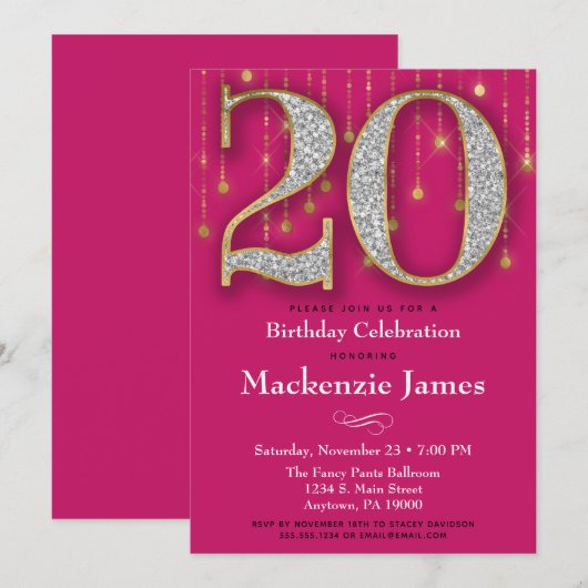 20e verjaardag Uitnodiging Roze Gold Diamonds Adul (Voorkant / Achterkant)
