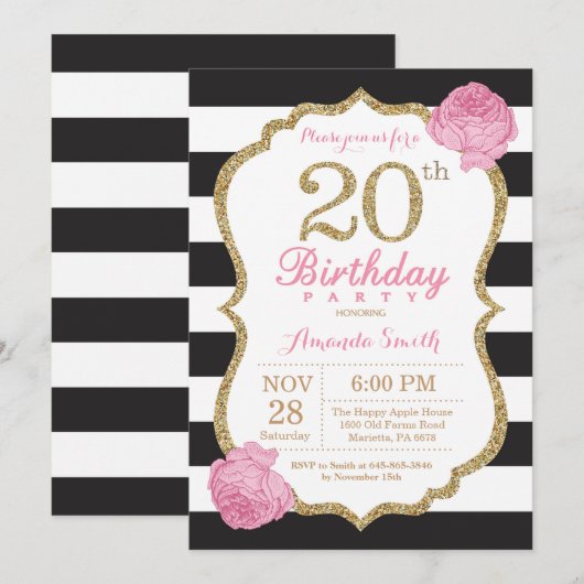 20e verjaardag uitnodiging Roze Zwart Goud Bloemen (Voorkant / Achterkant)