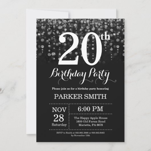 20e verjaardag uitnodiging Silver Glitter (Voorkant)