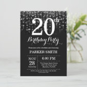 20e verjaardag uitnodiging Silver Glitter (Staand voorkant)
