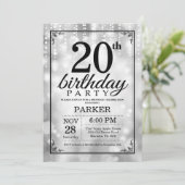 20e verjaardag uitnodiging Silver Glitter (Staand voorkant)