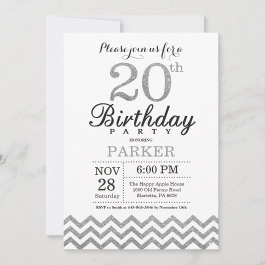 20e verjaardag uitnodiging Silver Glitter (Voorkant)