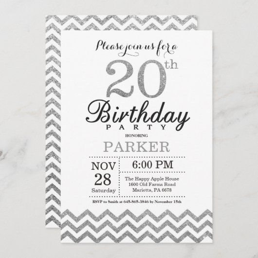 20e verjaardag uitnodiging Silver Glitter (Voorkant / Achterkant)