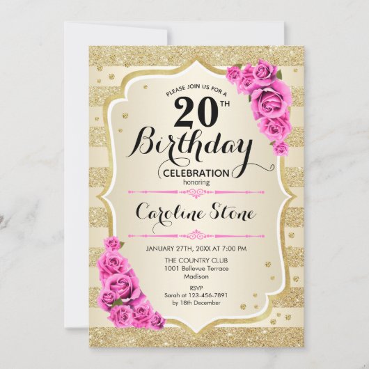 20e verjaardag - Uitnodiging tot roze gouden strep (Voorkant)