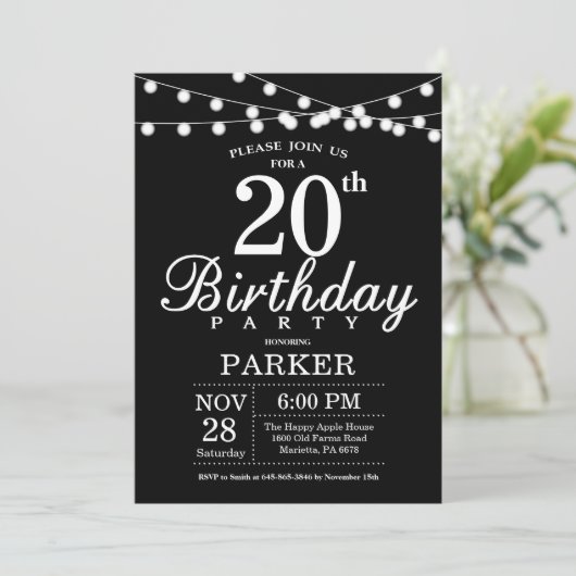 20e verjaardag uitnodiging zwart-wit (Staand voorkant)