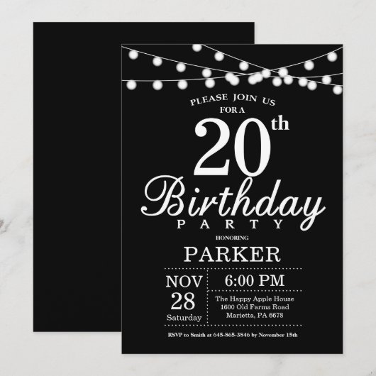 20e verjaardag uitnodiging zwart-wit (Voorkant / Achterkant)