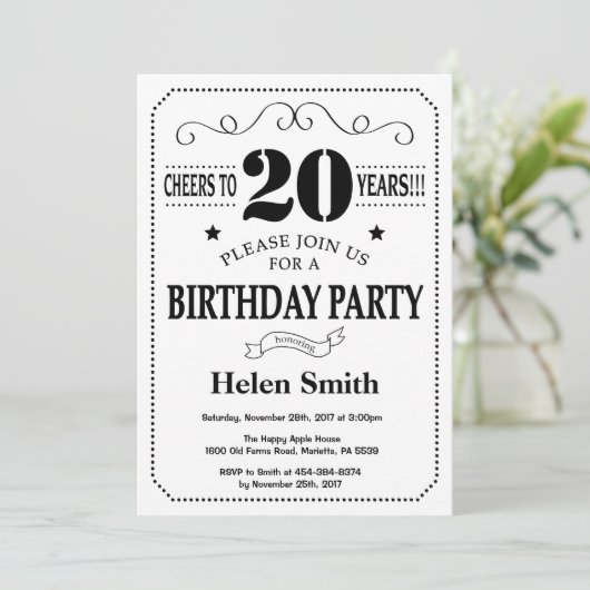20e verjaardag Uitnodiging zwart-wit (Staand voorkant)
