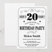 20e verjaardag Uitnodiging zwart-wit (Voorkant / Achterkant)