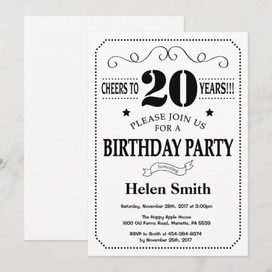 20e verjaardag Uitnodiging zwart-wit (Voorkant / Achterkant)