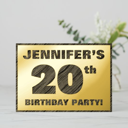 20e verjaardag van de geboorte - Vette, houten gra Folie Uitnodiging (Staand Voorkant)