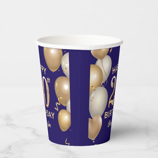 20e verjaardag van de marineblauw en goudballonnen papieren bekers (Rechts)