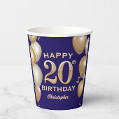 20e verjaardag van de marineblauw en goudballonnen papieren bekers (Voorkant)