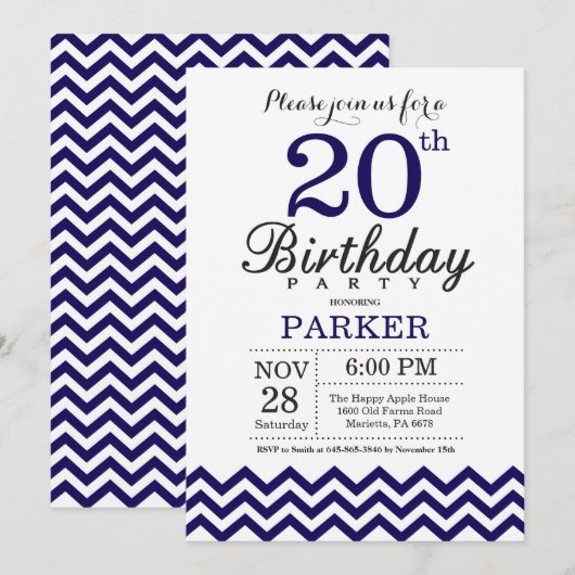 20e verjaardag van de uitnodiging van Birthday Nav (Voorkant / Achterkant)