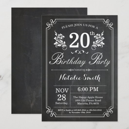 20e verjaardag van de uitnodiging van Floral Chalk (Voorkant / Achterkant)