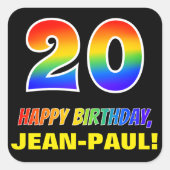 20e verjaardag: Vet, Vun, Eenvoudig, Regenboog 20 Vierkante Sticker (Voorkant)