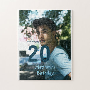 20e verjaardag voeg naam foto datum man blauw wit legpuzzel