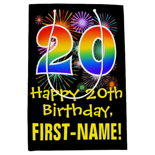 20e verjaardag: Vuurwerk Fun Pattern + Regenboog 2 Medium Cadeauzakje (Voorkant)