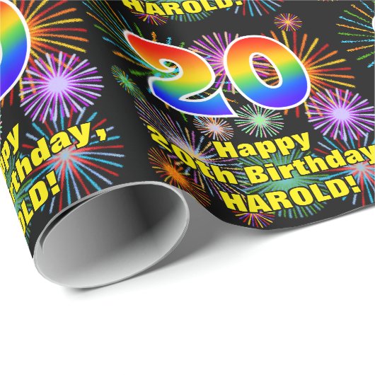 20e verjaardag: vuurwerk, regenboogblik # "20" cadeaupapier (Rol Hoek)