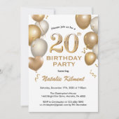 20e verjaardag Witte en gouden ballonnen Kaart (Voorkant)