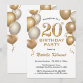 20e verjaardag Witte en gouden ballonnen Kaart (Voorkant / Achterkant)