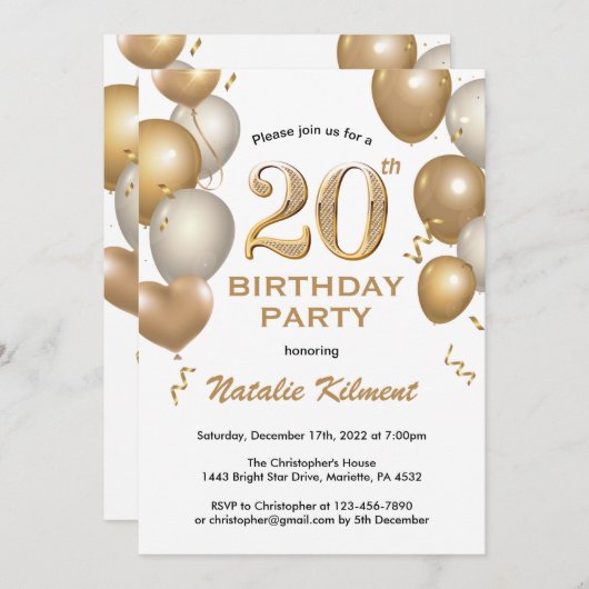 20e verjaardag Witte en gouden ballonnen Kaart (Voorkant / Achterkant)