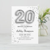 20e verjaardag - Zilveren ballonnen Kaart (Staand voorkant)